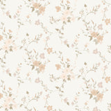 Soft pastel floral pattern with blush, taupe, and white flowers mingling with light green foliage on a creamy background, creating a whimsical and gentle ambiance for wall decor