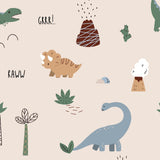 Close-up of playful dinosaur-themed wallpaper with neutral-colored dino illustrations, volcanos, and plants, adding a fun and adventurous feel to children's spaces