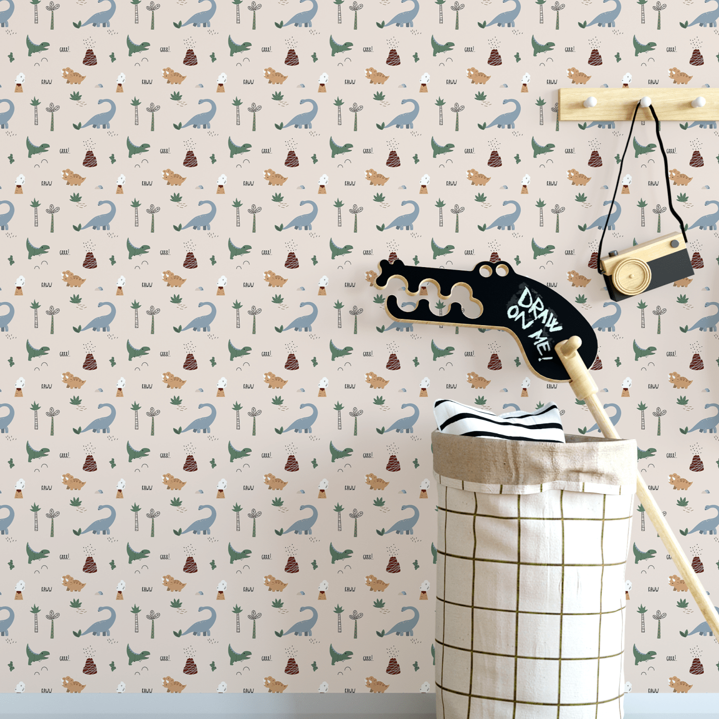 Bright and fun playroom with Dinosaur Adventure wallpaper, featuring whimsical dinosaur prints, volcanos, and plants in neutral tones, perfect for kids' rooms