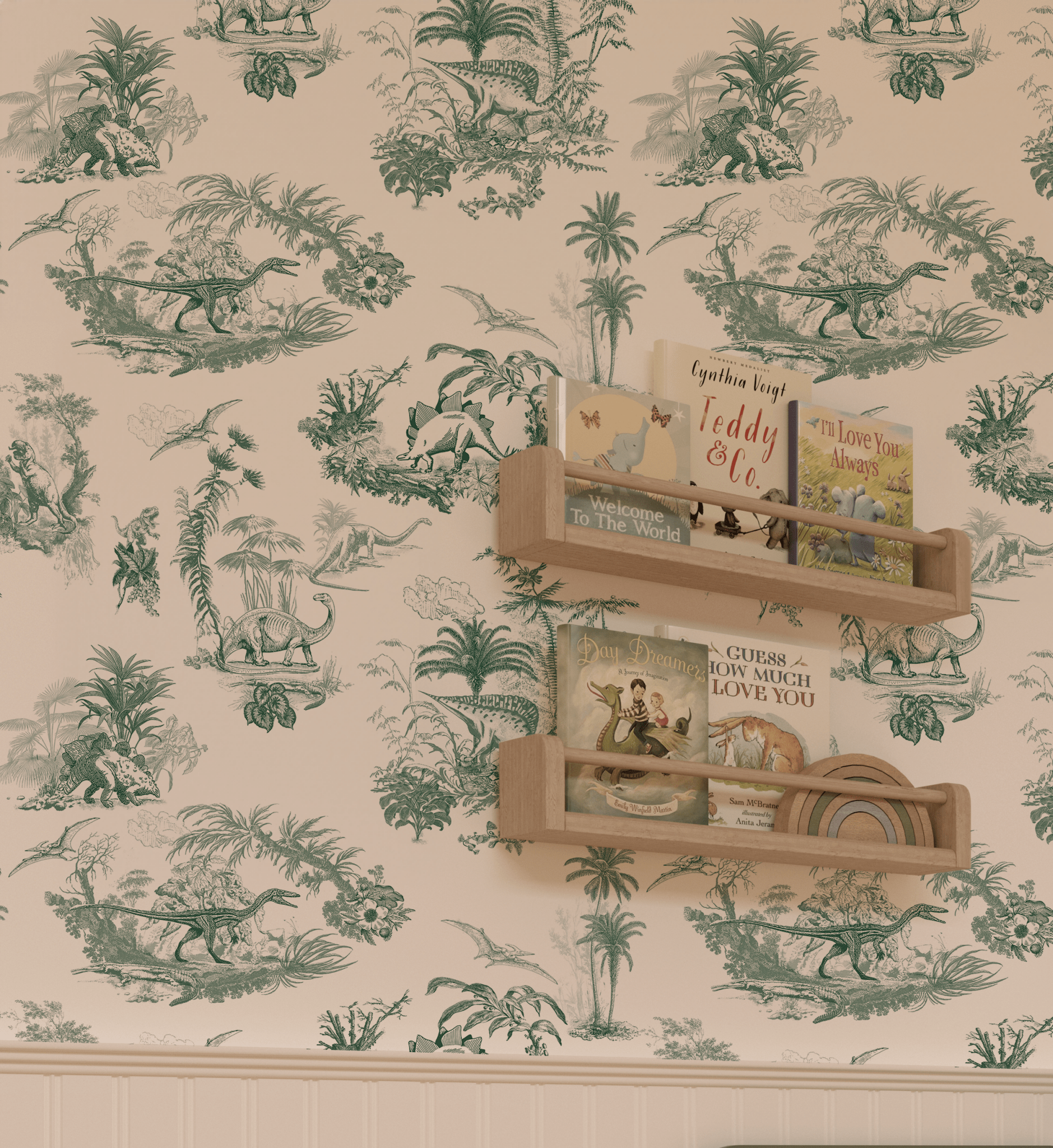 Dinosaur toile wallpaper in a reading nook, with bookshelves and toys adding to the whimsical and adventurous atmosphere of the space