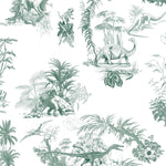 Close-up of green dinosaur toile wallpaper with detailed sketches of dinosaurs and tropical foliage, perfect for a kid's room or nursery