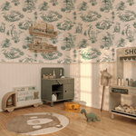 Dinosaur-themed playroom featuring green toile dinosaur wallpaper, toys, and a cozy, educational space perfect for kids