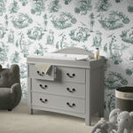 Kids' room with a dinosaur toile wallpaper design featuring intricate, green dinosaur illustrations on a white background, adding a playful yet classic feel