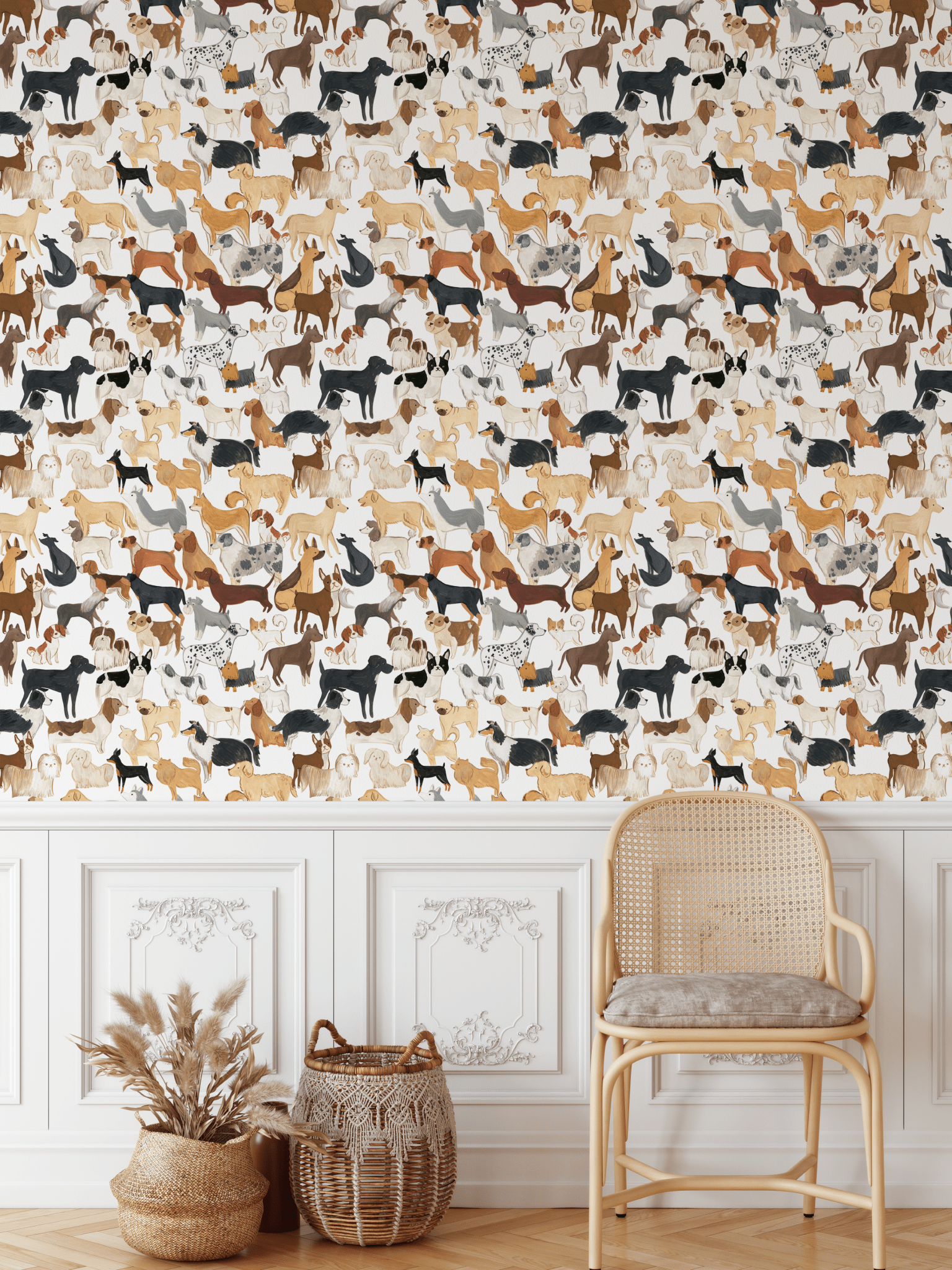 interior corner with a rattan chair and two wicker baskets beside it. The wall is covered with wallpaper featuring a variety of colorful dog illustrations.