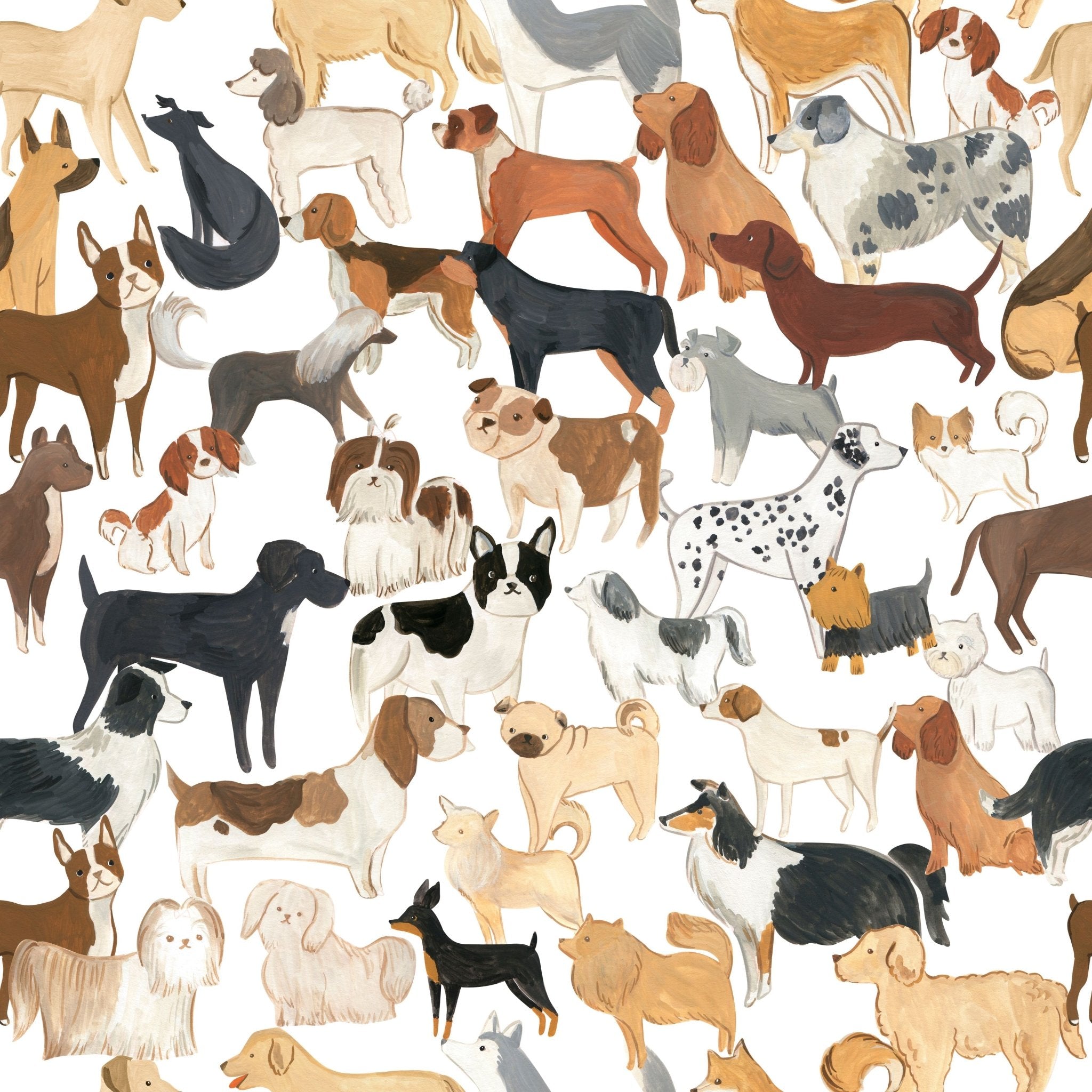 A close-up of wallpaper adorned with whimsical illustrations of different dog breeds in various colors and poses, giving a playful and eclectic feel.