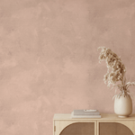 Earthy pink limewash wallpaper in a minimalist living room with neutral decor, featuring a natural textured look on the walls.