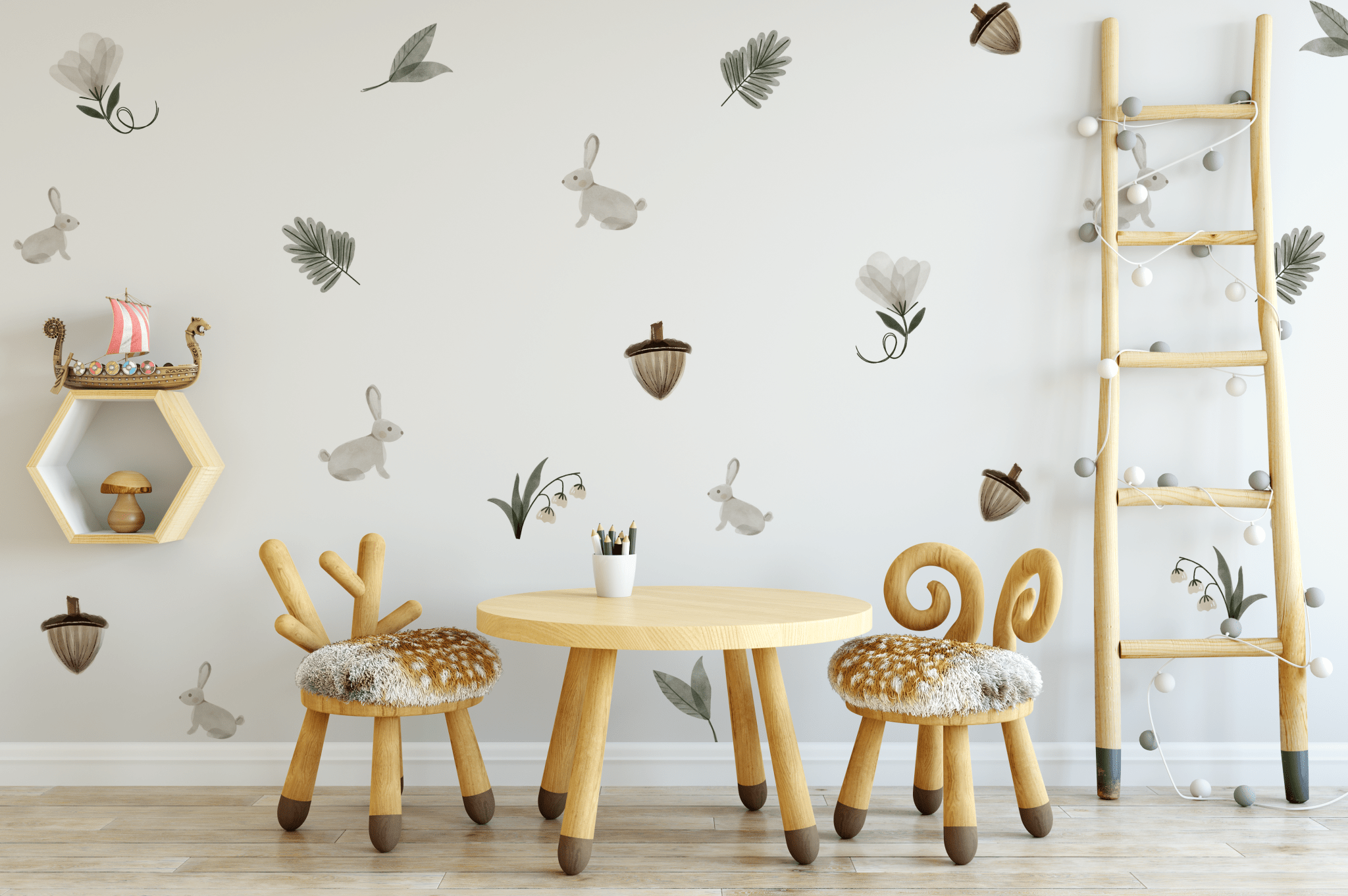 Enchanted Rabbit wall decals in a playroom with soft, neutral tones, including bunnies, leaves, and acorns for a whimsical forest look