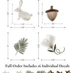 Size guide for Enchanted Rabbit wall decals, displaying individual measurements for each element, including bunnies, leaves, and flowers