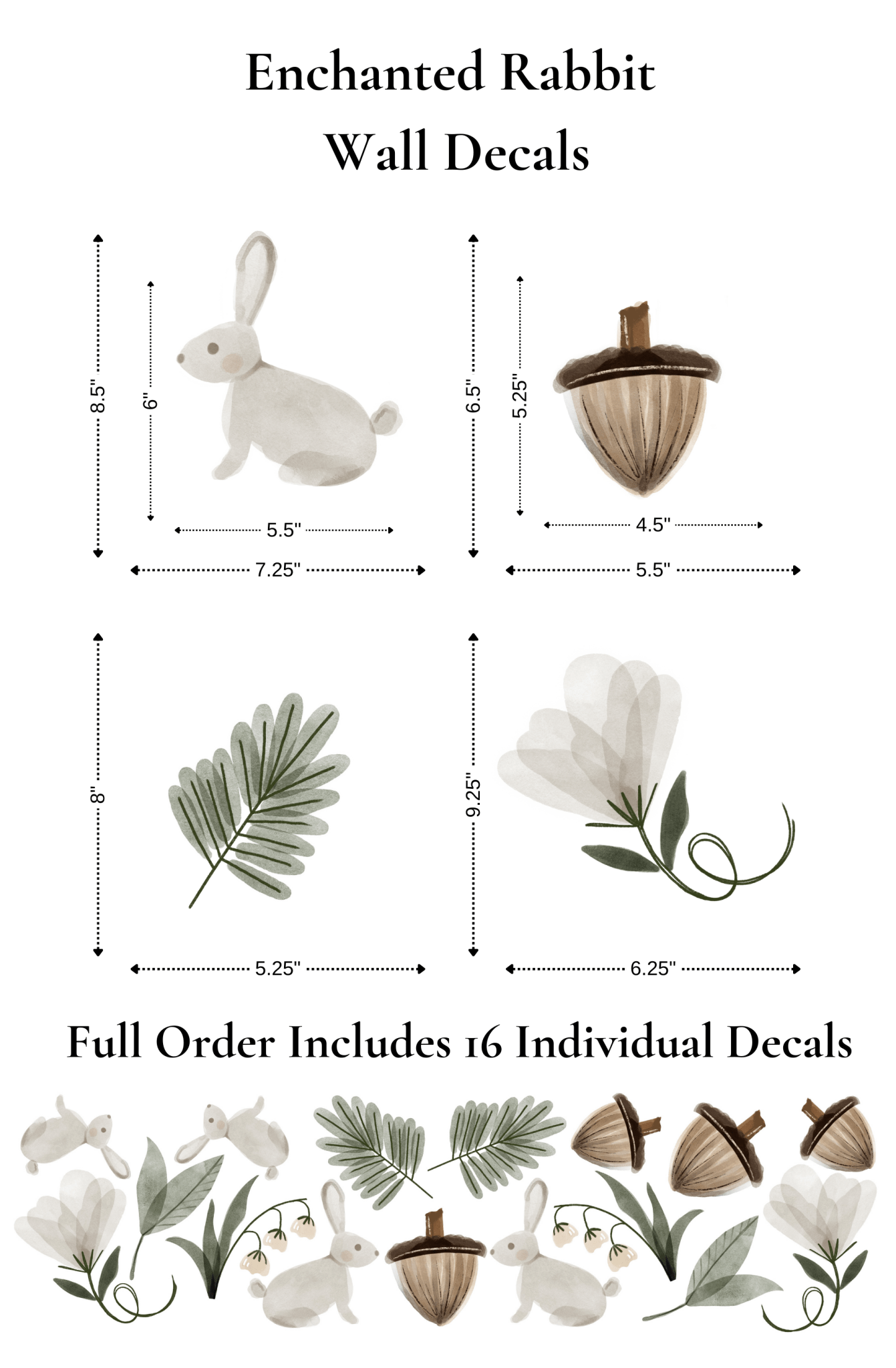 Size guide for Enchanted Rabbit wall decals, displaying individual measurements for each element, including bunnies, leaves, and flowers