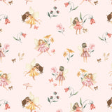 A close-up of the fairy-themed wallpaper showing detailed illustrations of fairies, flowers, mushrooms, and butterflies in a soft color palette on a pink background