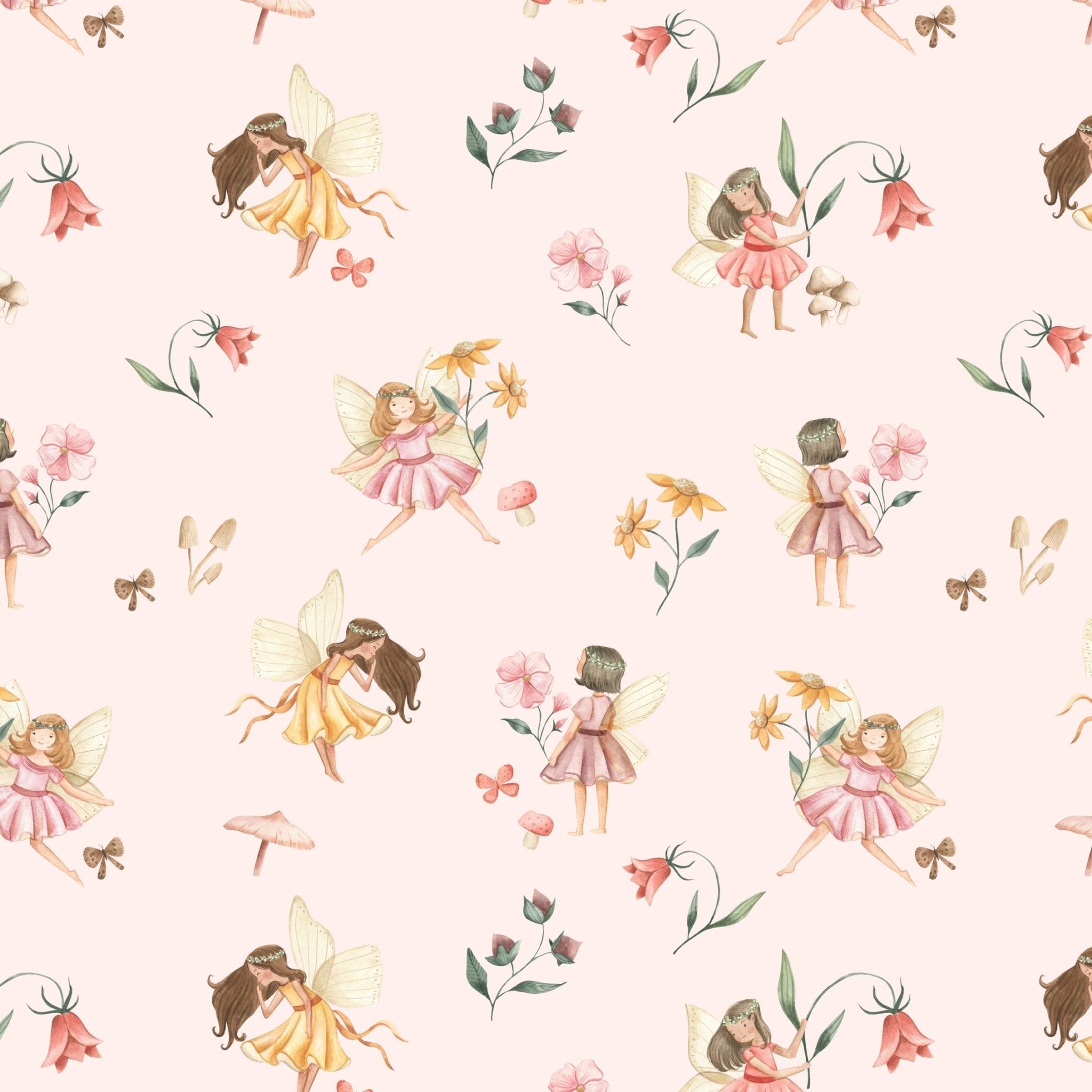 A close-up of the fairy-themed wallpaper showing detailed illustrations of fairies, flowers, mushrooms, and butterflies in a soft color palette on a pink background
