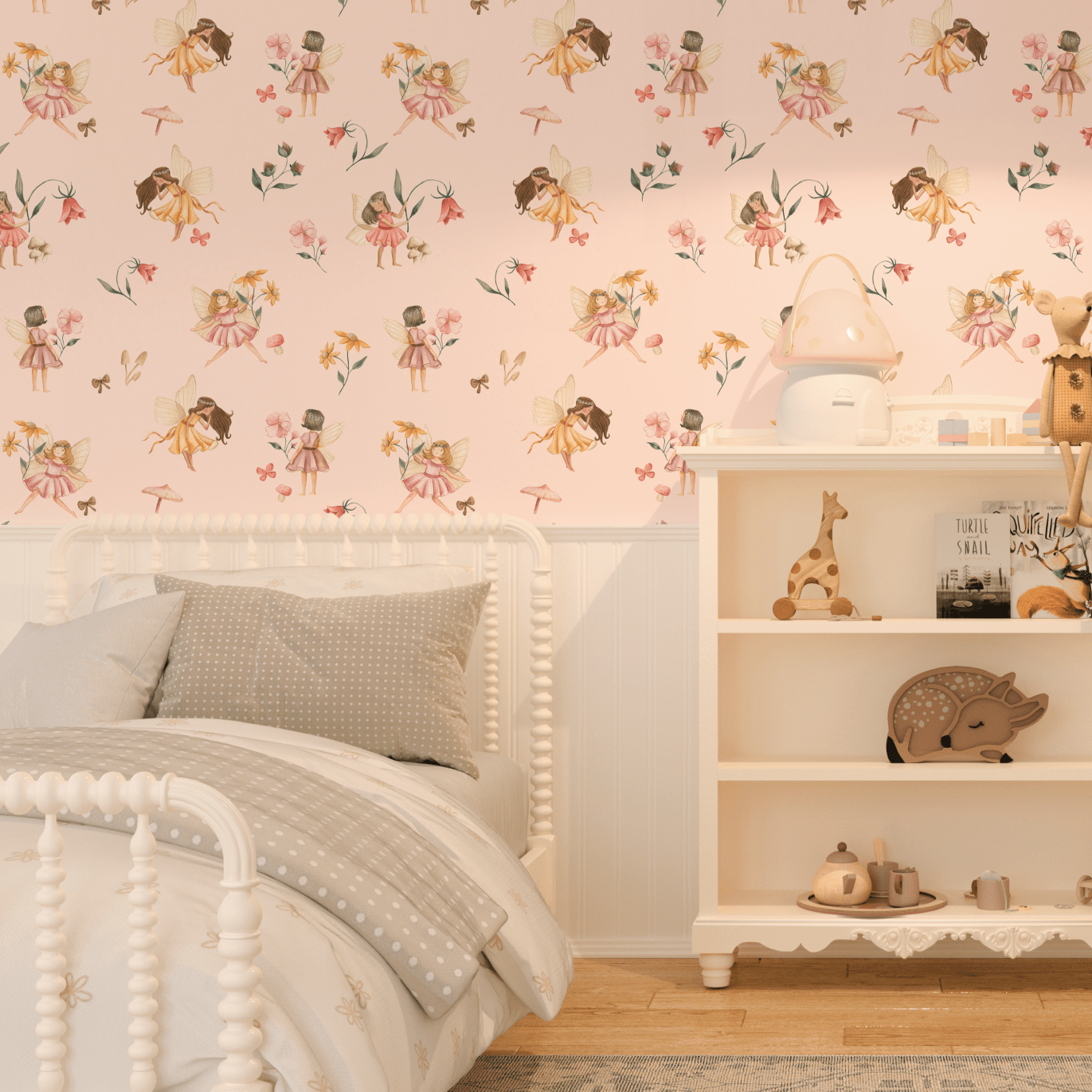  child's bedroom, showcasing the fairy wallpaper, the bed with decorative pillows, a bookshelf with children's books and toys, and a ceiling light