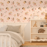  child's bedroom, showcasing the fairy wallpaper, the bed with decorative pillows, a bookshelf with children's books and toys, and a ceiling light