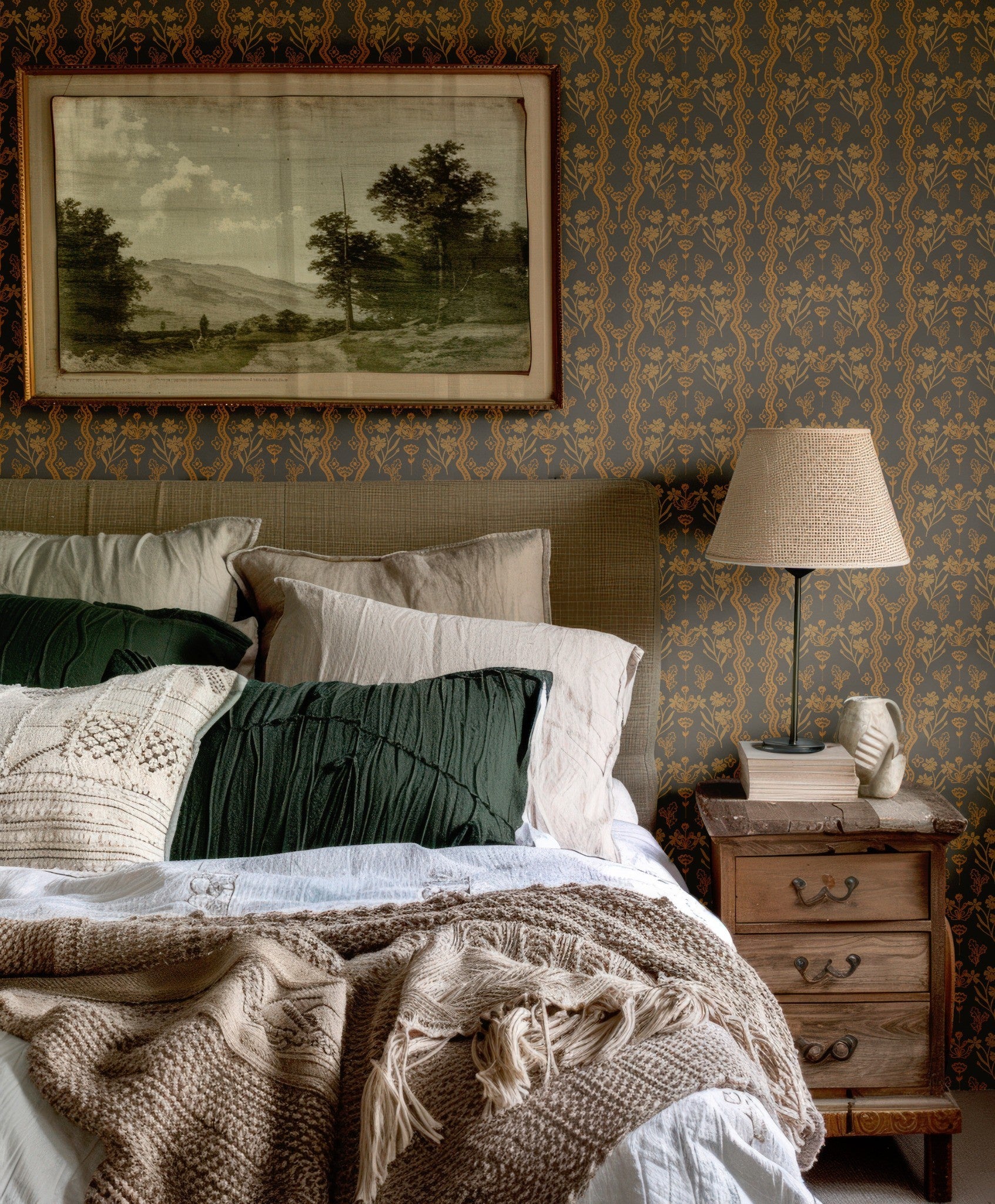 Folksy Wallpaper in Rustic Bedroom with Cozy Bedding and Earthy Tones.