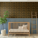 Muted Nursery Design Featuring Folksy Wallpaper and Natural Elements and a blue board and batten