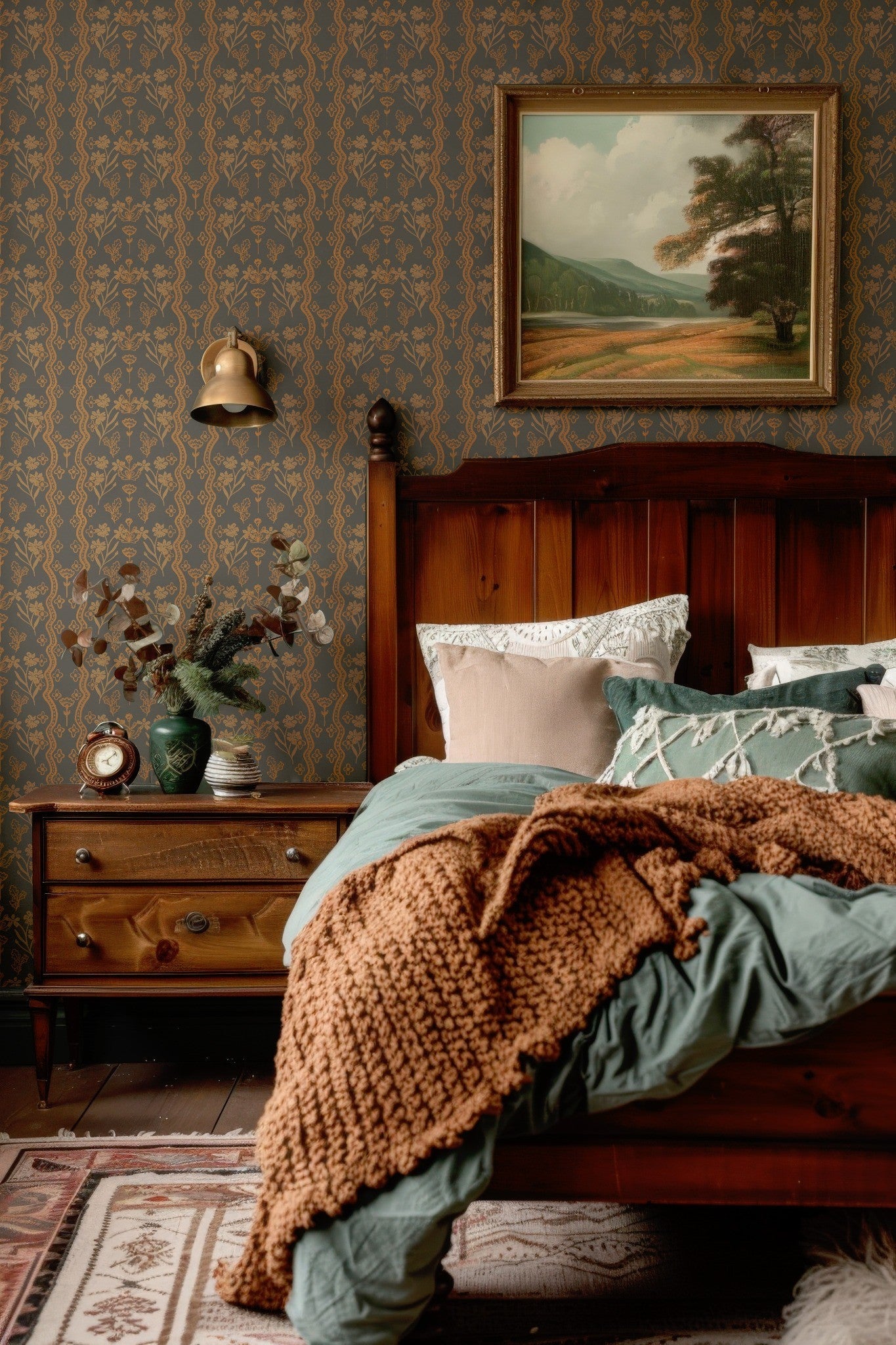 Farmhouse Bedroom with Green Bedding and Warm Folksy Wallpaper