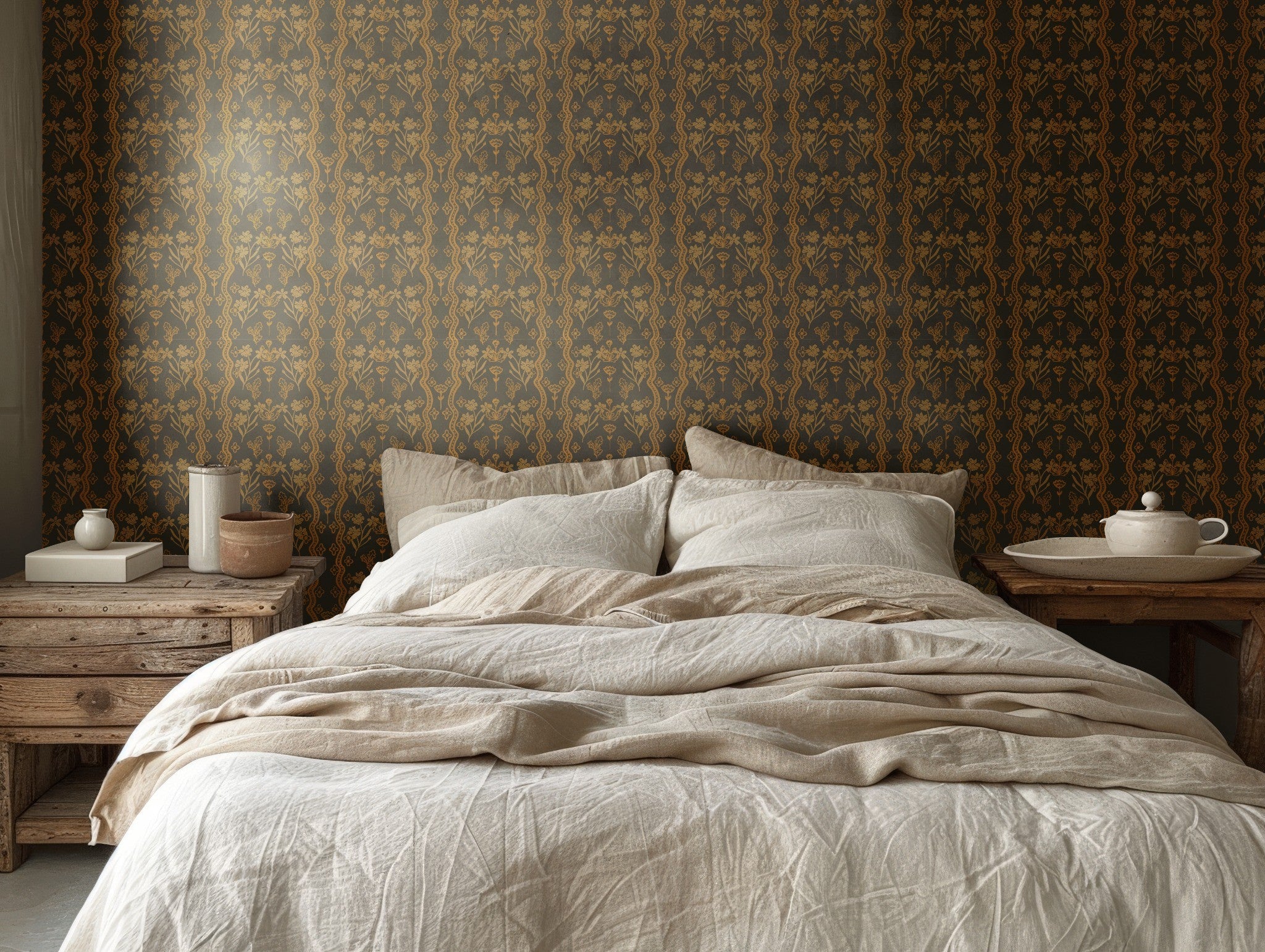 Modern Rustic Bedroom Featuring Folksy Wallpaper Accent Wall