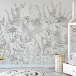 Kids' room featuring a detailed forest animal wall mural, with hand-drawn woodland creatures and plants, creating a nature-inspired atmosphere