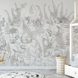 Kids' room featuring a detailed forest animal wall mural, with hand-drawn woodland creatures and plants, creating a nature-inspired atmosphere