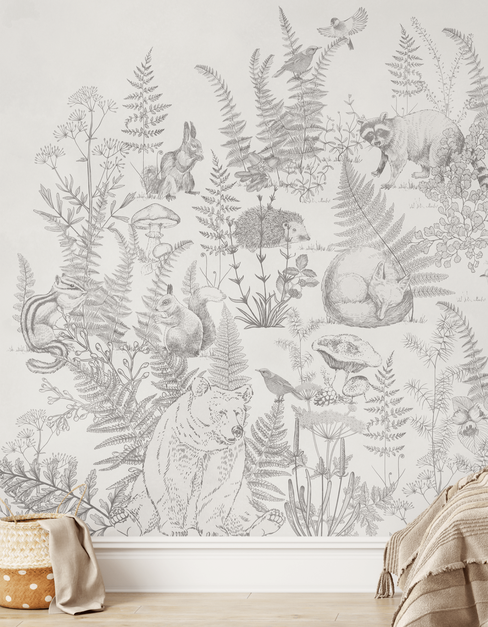 Detailed view of a forest animal wall mural with hand-sketched wildlife, including bears, birds, and rabbits, set in a nature-themed design