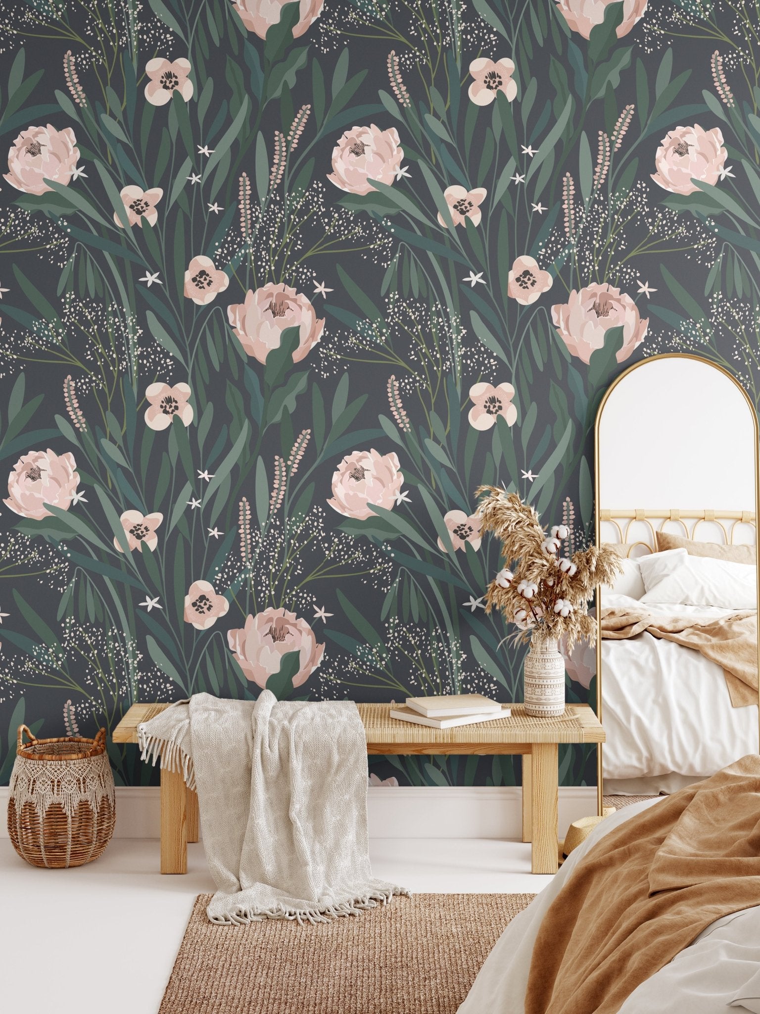 forest wallpaper in custom colors blush pink and sage green