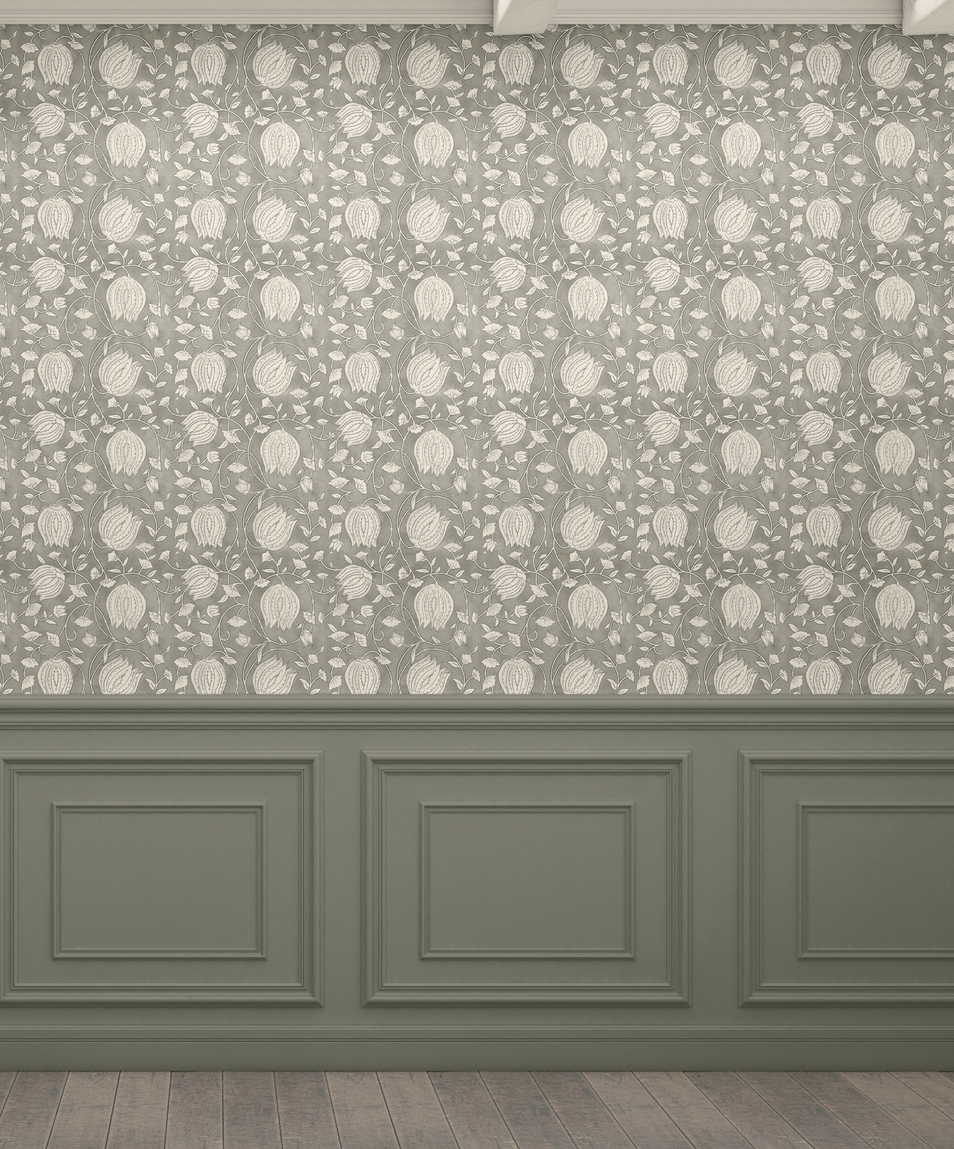 A room with a wooden floor and a light grey-green wallpaper featuring a neutral lotus flower pattern. The bottom portion of the wall has dark grey-green wainscoting with decorative molding, creating a classic and elegant look.