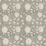 A close-up of a light grey-green lotus print wallpaper with a repeating pattern of neutral lotus flowers and vine-like stems. The design is intricate and delicate, providing a sophisticated and natural aesthetic.