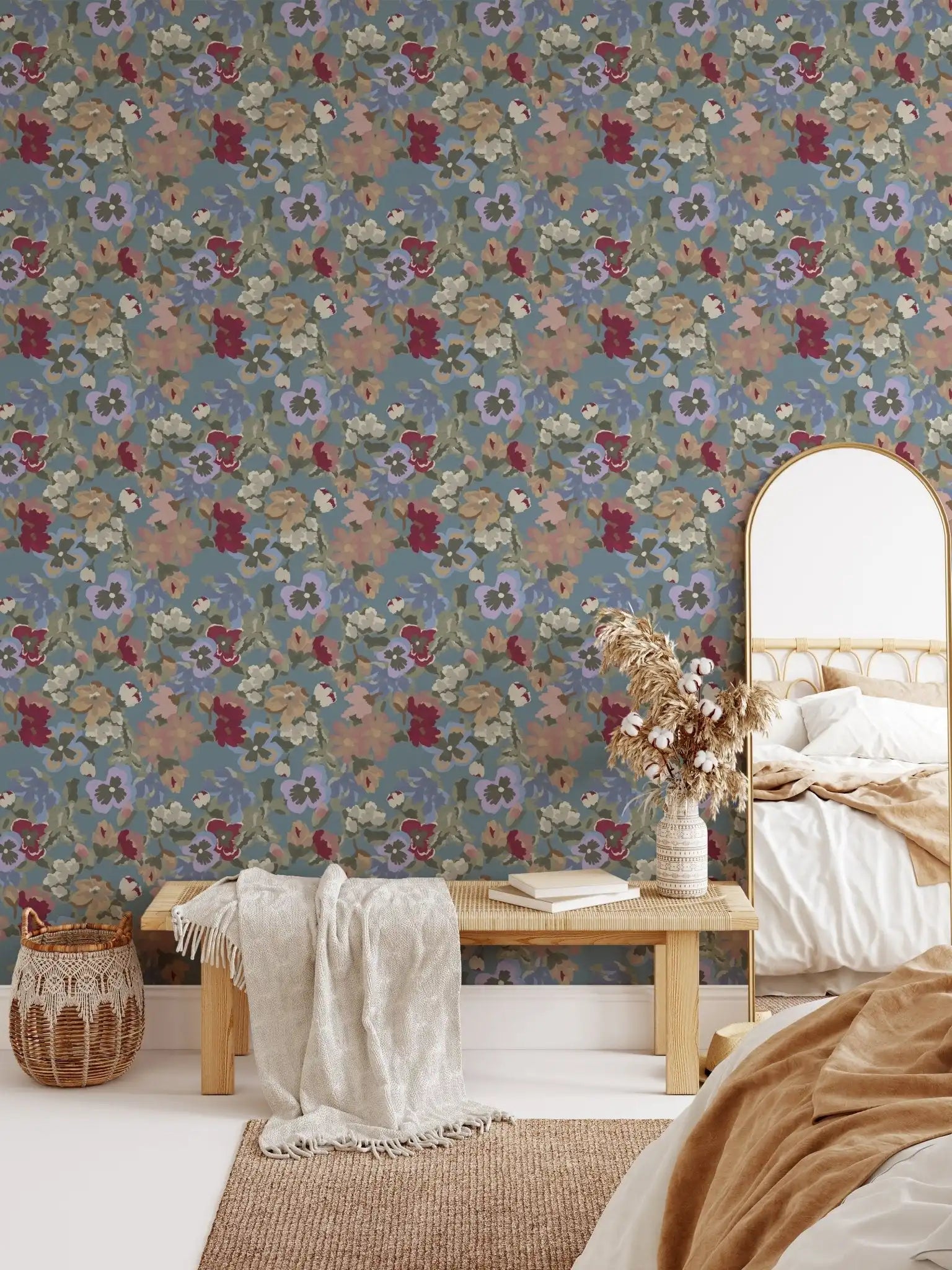Grandma's Garden Wallpaper, Blue Wallpaper, Easy Hang Wallpaper, Removable Wallpaper, Best Peel and Stick Wallpaper, Exclusive Print
