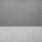  Room with dark grey wallpaper featuring a repeating block print pattern of white and brown stylized floral motifs, paired with white wainscoting and decorative molding, offering a classic, sophisticated appearance.