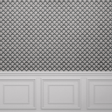  Room with dark grey wallpaper featuring a repeating block print pattern of white and brown stylized floral motifs, paired with white wainscoting and decorative molding, offering a classic, sophisticated appearance.