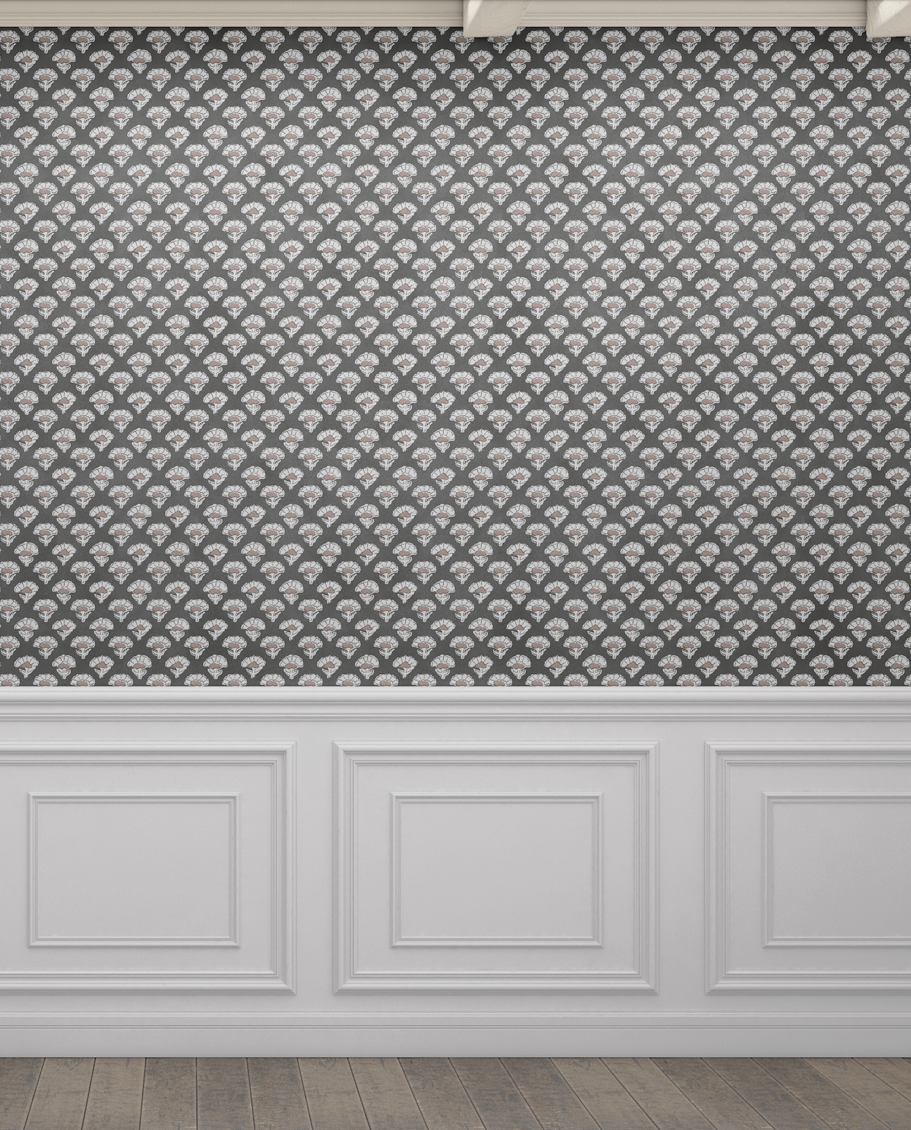 Room with dark grey wallpaper featuring a repeating block print pattern of white and brown stylized floral motifs, paired with white wainscoting and decorative molding, offering a classic, sophisticated appearance.