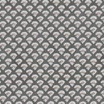 A close-up view of a dark grey wallpaper with a repeating block print pattern of white and brown stylized floral motifs. The design features small, intricately detailed flowers, creating a vintage and heritage-inspired look.
