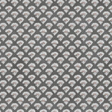 A close-up view of a dark grey wallpaper with a repeating block print pattern of white and brown stylized floral motifs. The design features small, intricately detailed flowers, creating a vintage and heritage-inspired look.