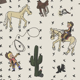 Close-up of Howdy Partner cowboy wallpaper, with cartoon illustrations of a horse, cowboy, cactus, and boots on a beige background for a fun Western-inspired decor