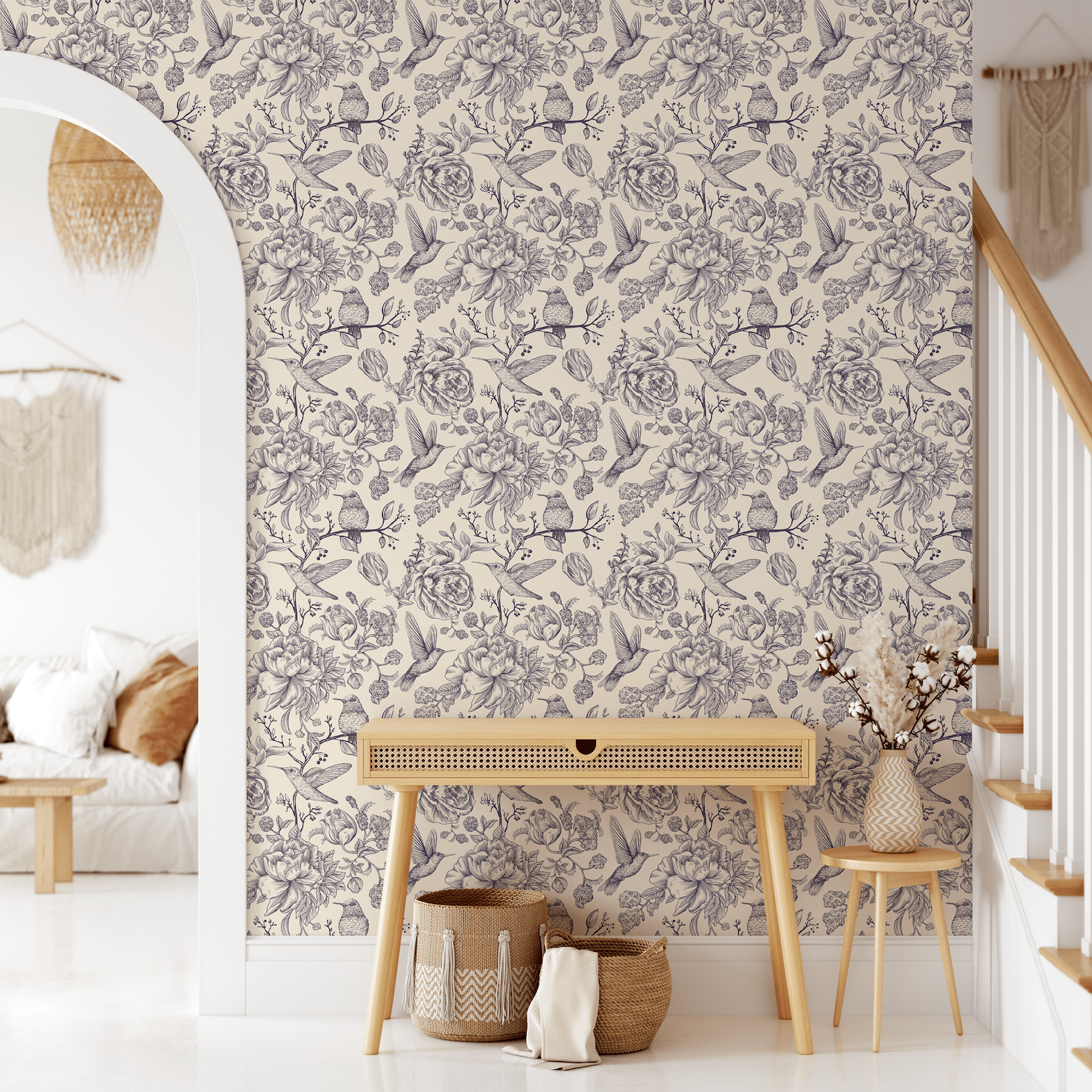 Blue bird Wallpaper, Wallpaper with Bird, Removable, Self-Adhesive, Peel and Stick, Birds and Flowers