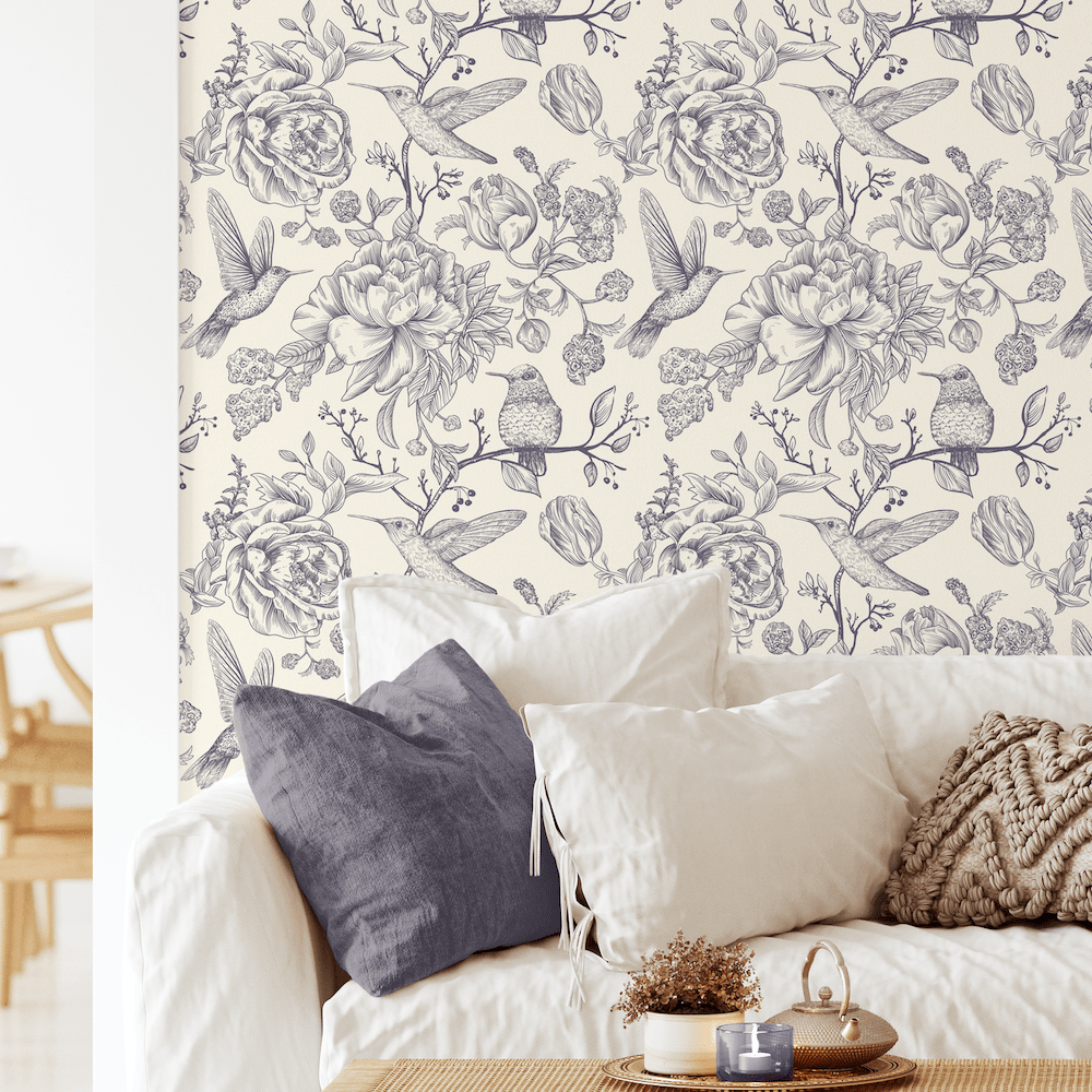 Hummingbird Garden Wallpaper, Wallpaper with Bird, Removable, Self-Adhesive, Peel and Stick, Birds and Flowers, Blue, Wallpaper