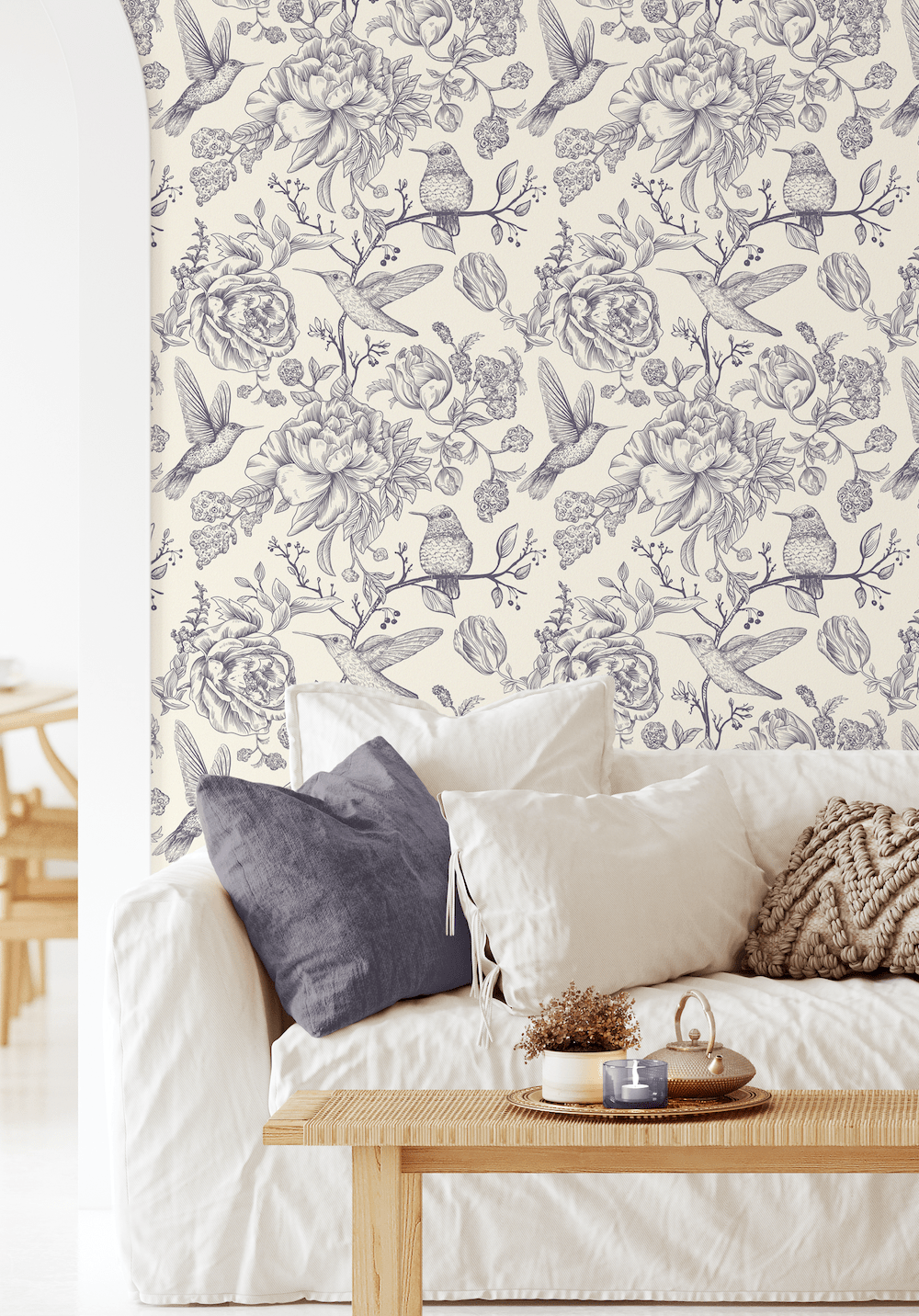 Hummingbird Garden Wallpaper, Wallpaper with Bird, Removable, Self-Adhesive, Peel and Stick, Birds and Flowers, Blue, Wallpaper