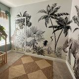 Safari-themed nursery room with a mural featuring zebras, giraffes, palm trees, and elephants. Natural wood crib with tropical bedding and leafy decorations. A cozy, playful space for a child