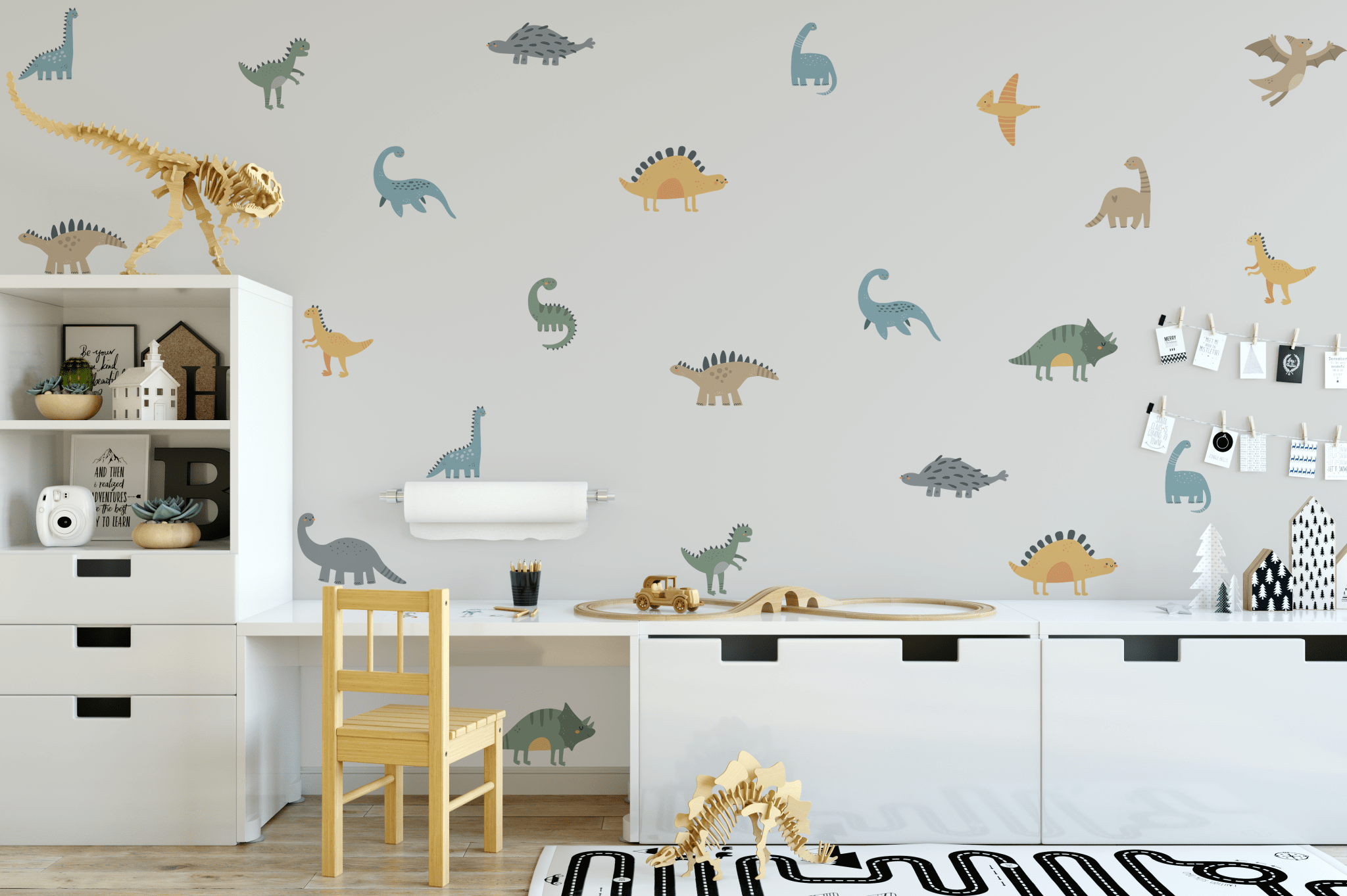 Dinosaur-themed homeschool room makeover with colorful wall decals, featuring various dinosaurs adding a playful and educational vibe