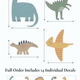 Jurassic pack wall decals set with individual sizes shown, includes 14 uniquely designed dinosaur decals in different colors and shapes