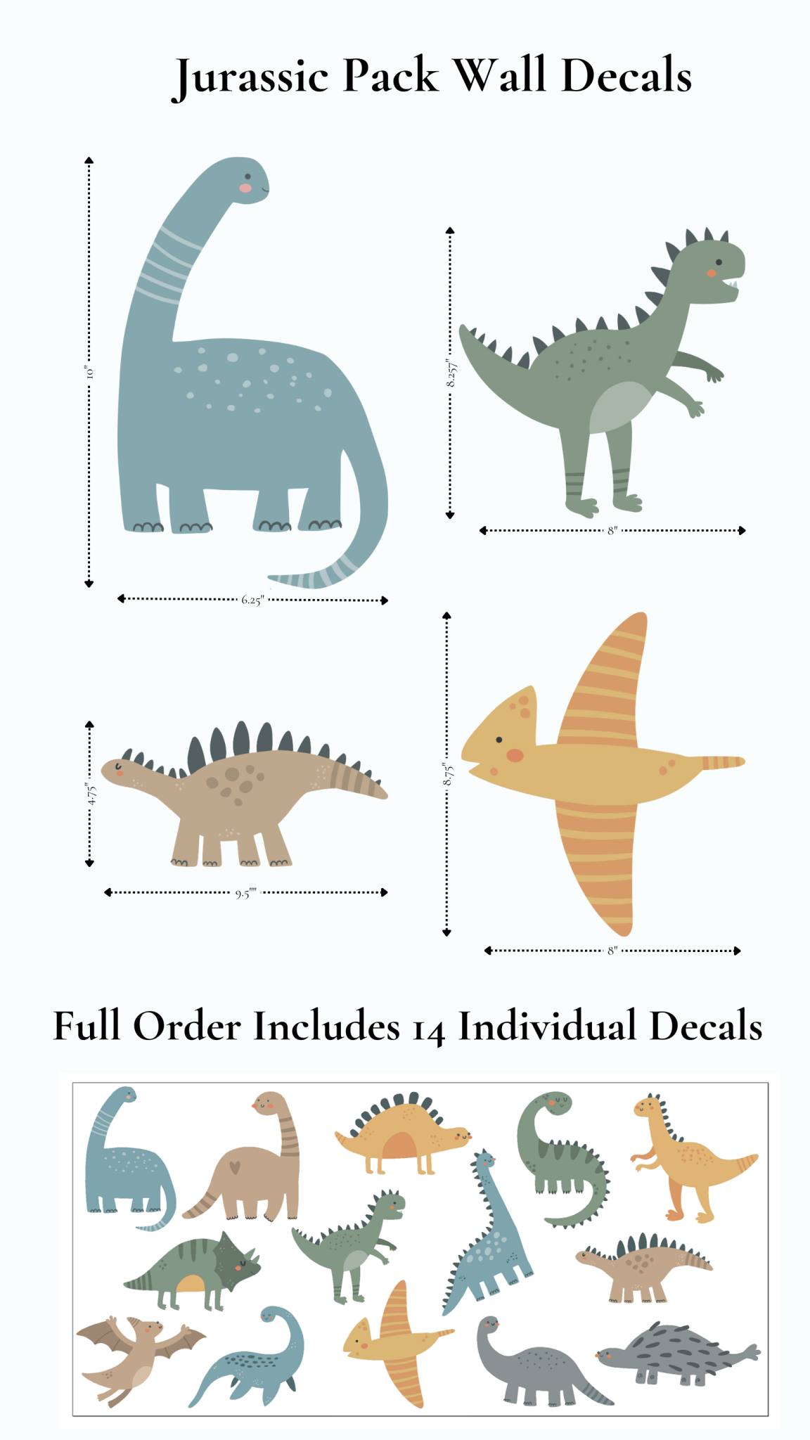 Jurassic pack wall decals set with individual sizes shown, includes 14 uniquely designed dinosaur decals in different colors and shapes