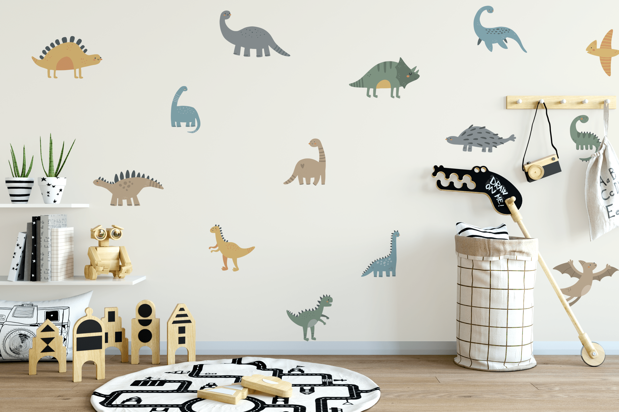 Kids' room decorated with vibrant dinosaur wall stickers, creating a fun and adventurous space for playtime and learning