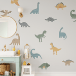 Bathroom decorated with dinosaur wall decals, showcasing a colorful mix of prehistoric creatures for a playful and unique atmosphere