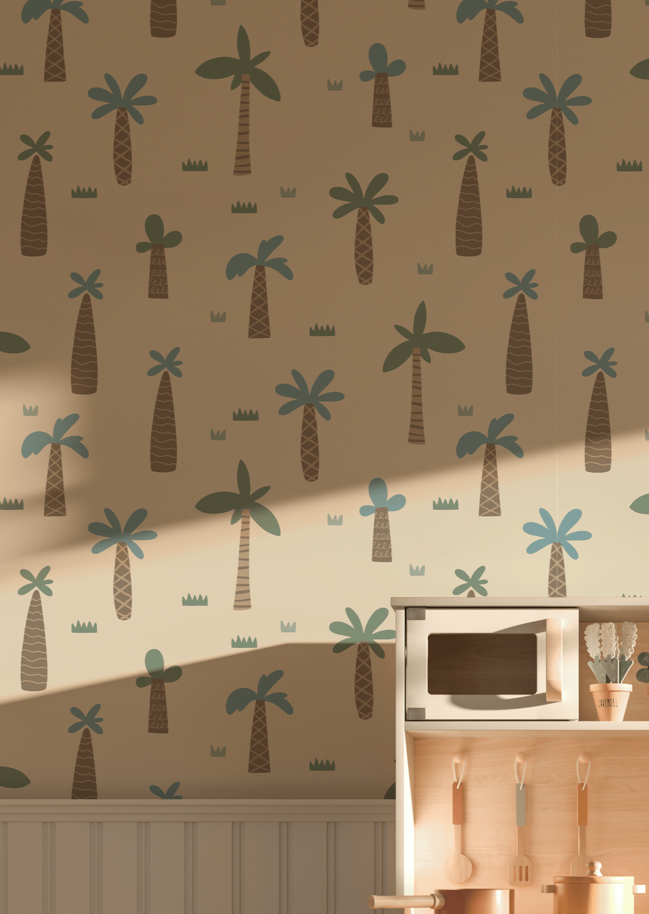 Dinosaur-themed nursery with neutral Scandinavian-style wallpaper. Watercolor palm trees create a playful, prehistoric backdrop for kids rooms, with peel-and-stick and traditional options