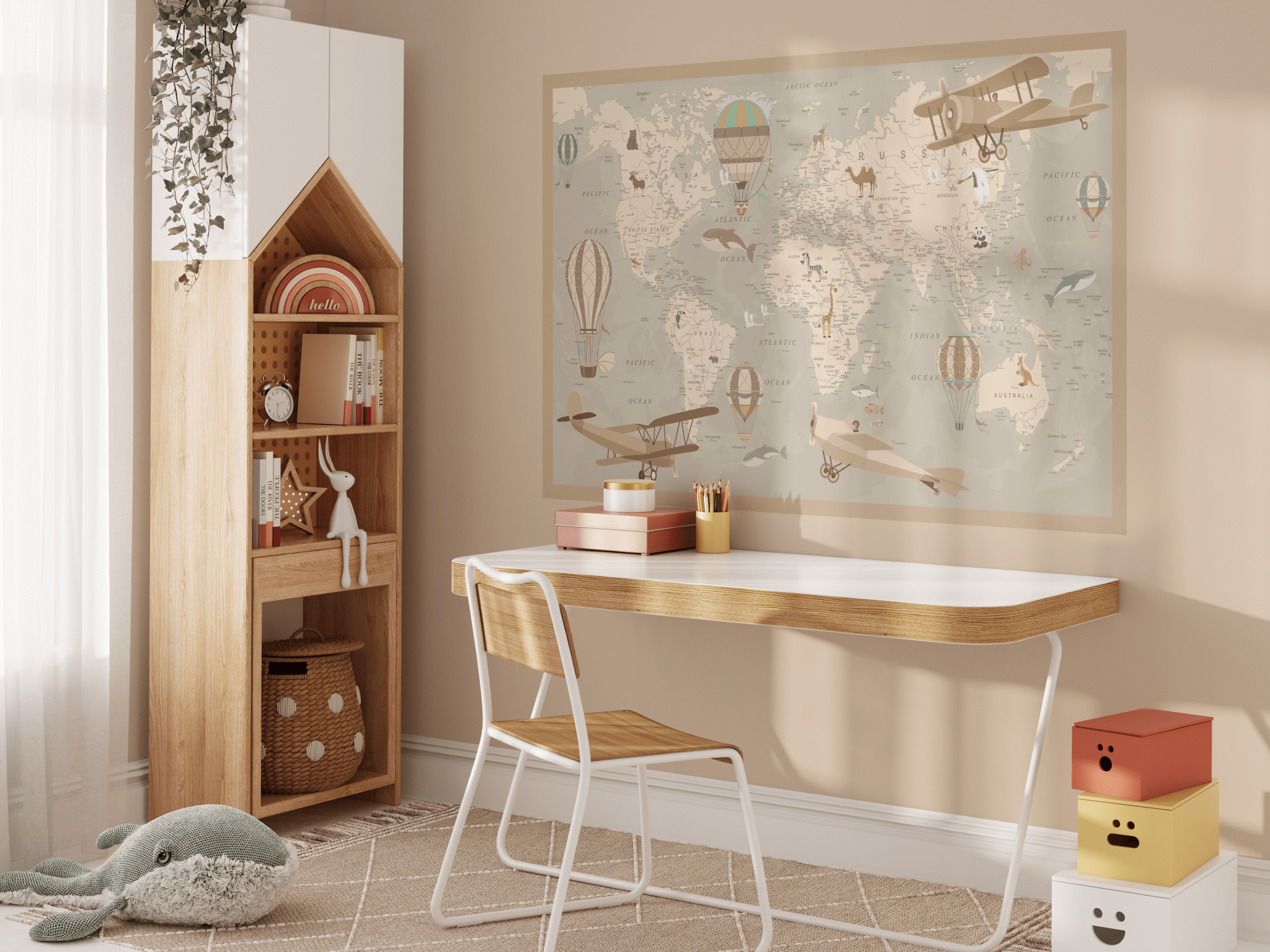 A beautifully designed children's room featuring a desk, a shelf with toys, and a large removable world map wall decal with vintage airplanes and hot air balloons. The decal adds a charming educational touch to the decor.