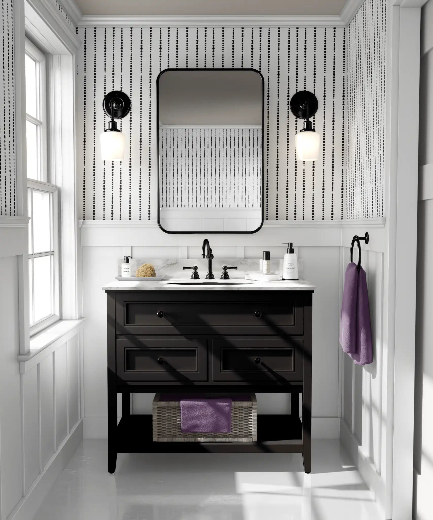 Bold black and white wallpaper in modern bathroom with double sconce lighting