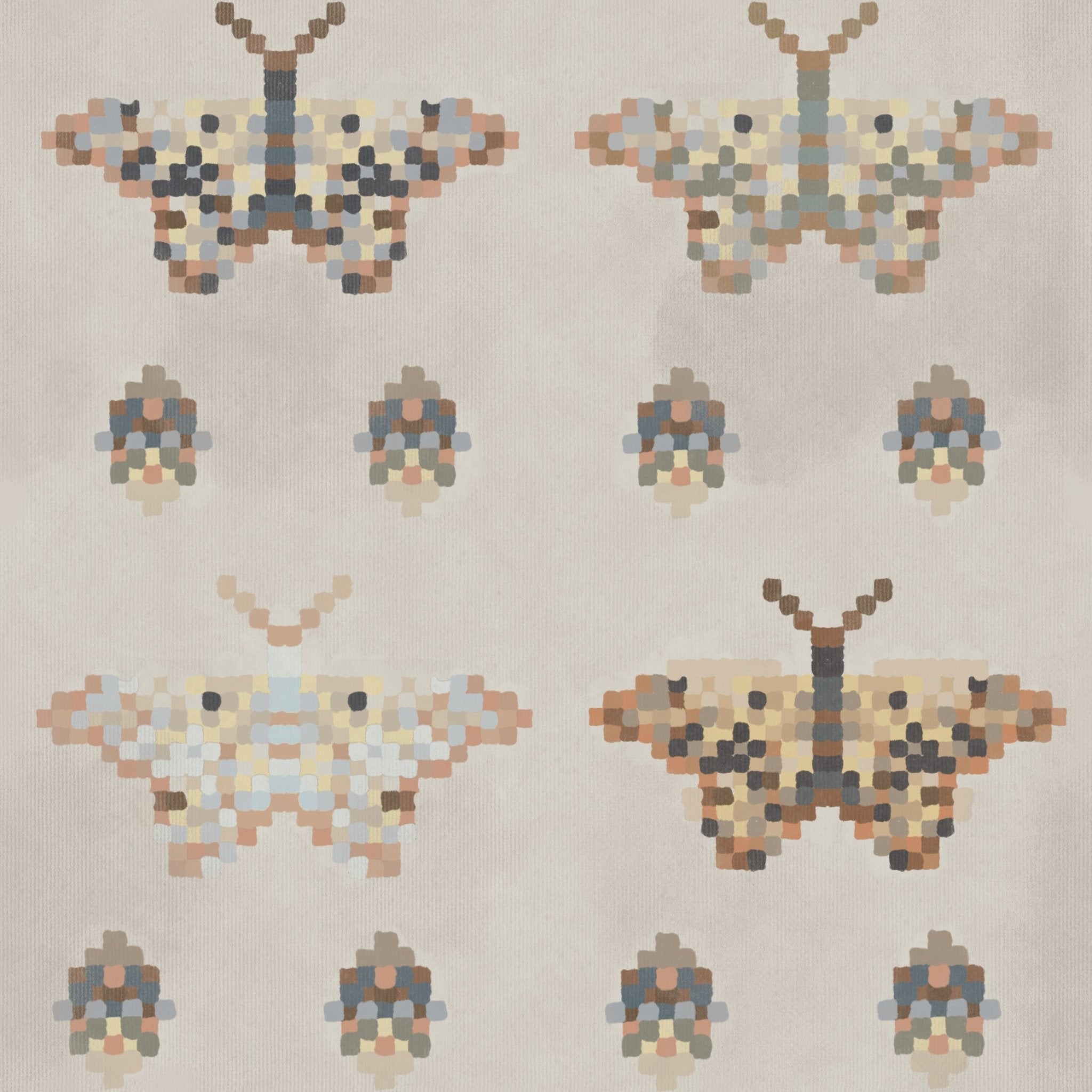 Close-up of a mosaic butterfly wallpaper pattern. The design features butterflies and smaller motifs made of pixel-like squares in pastel and earthy tones on a light background, creating a whimsical and artistic effect.