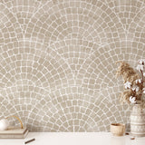 Close-up of Natural Mosaic Tile wallpaper showcasing intricate beige and white arched tile patterns