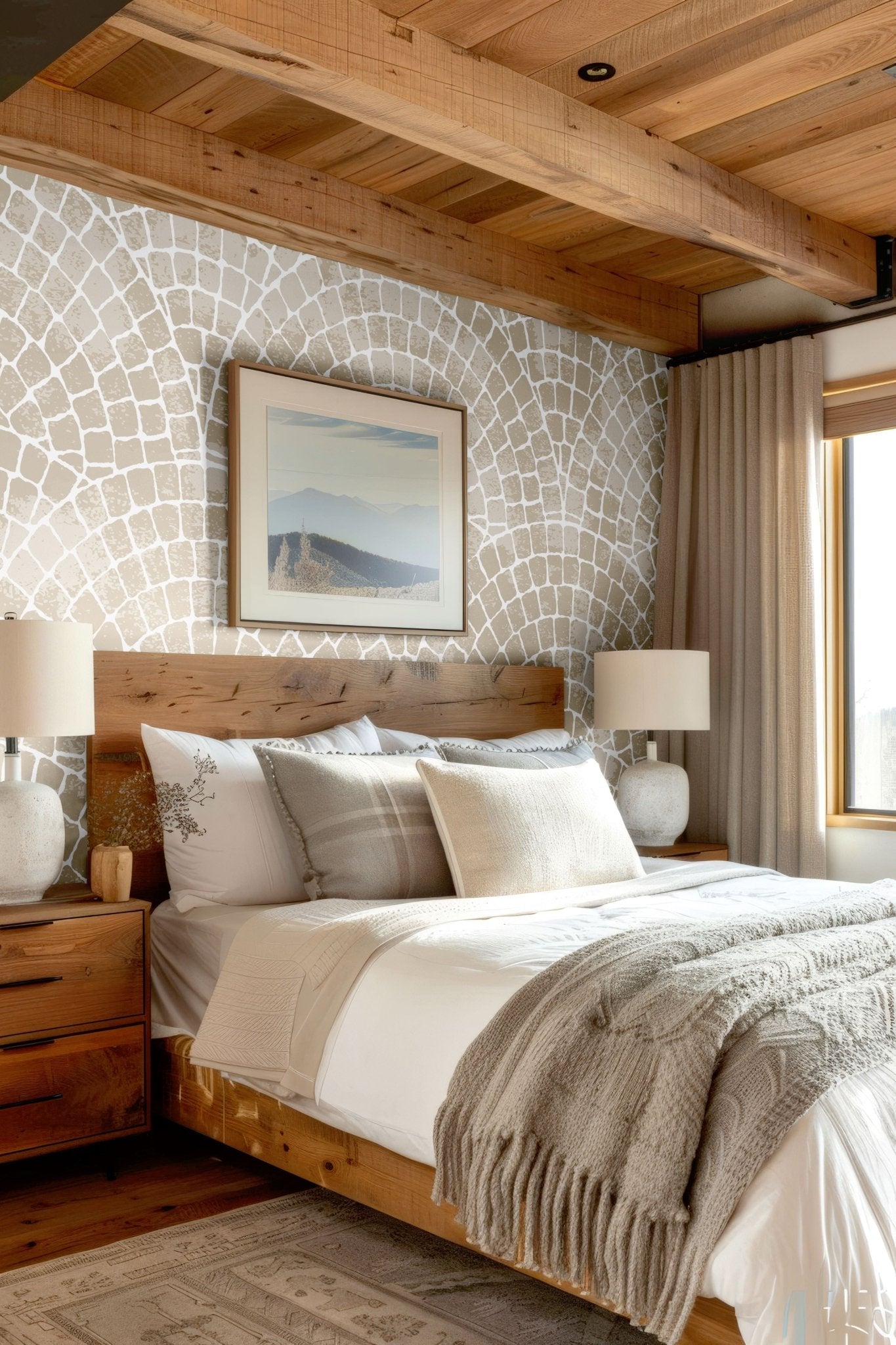 Cozy bedroom with Natural Mosaic Tile wallpaper, wooden beams, and neutral decor.