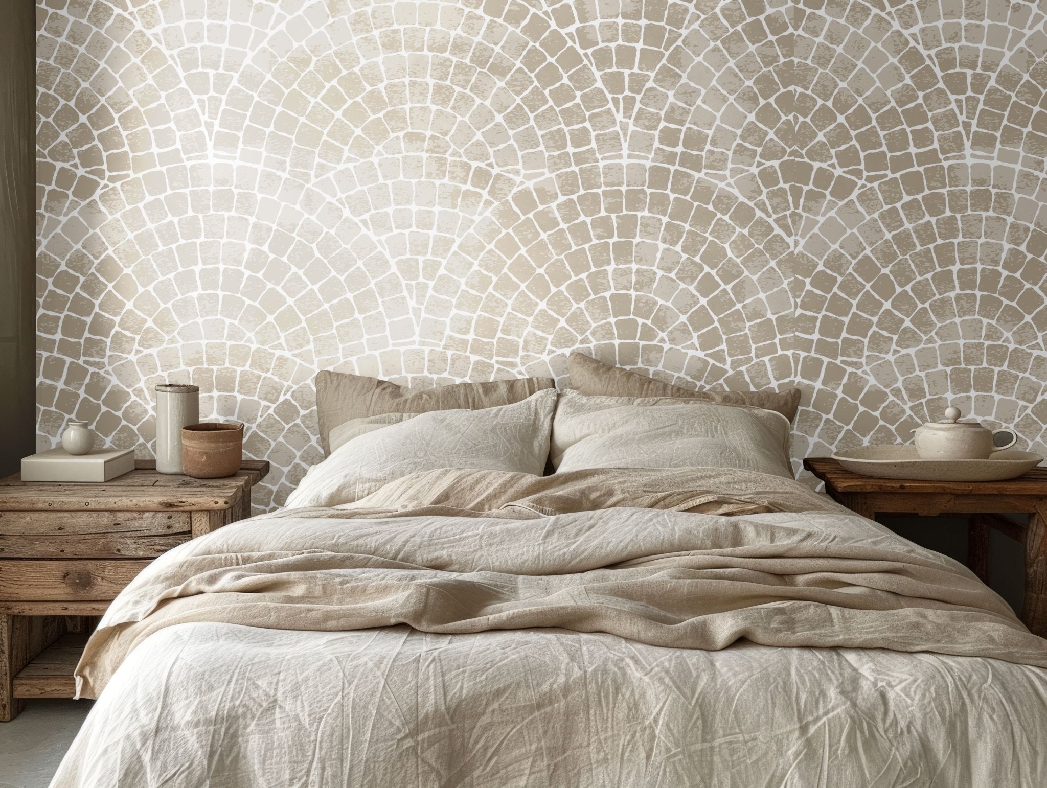 Natural Mosaic Tile wallpaper displayed in a rustic bedroom with beige bedding and wooden nightstands